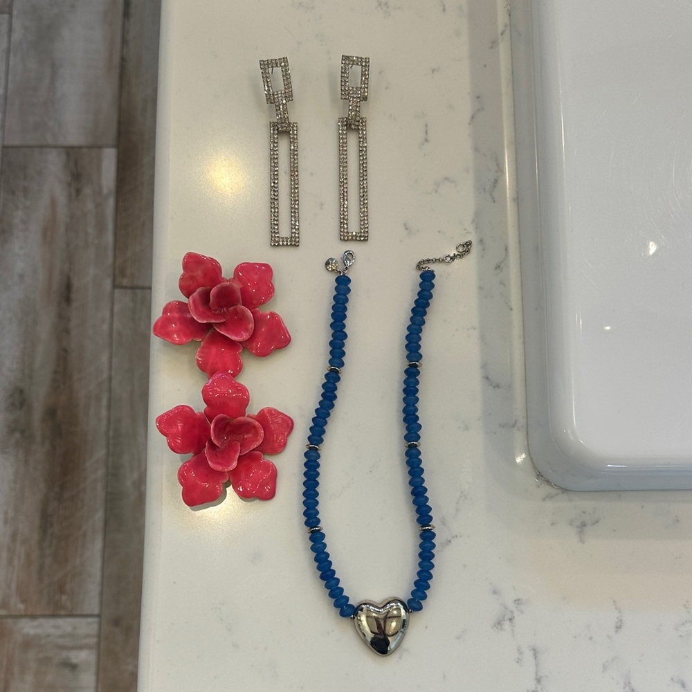 Silver Heart Pendant Blue Beaded Necklace - Women Jewelry Necklaces